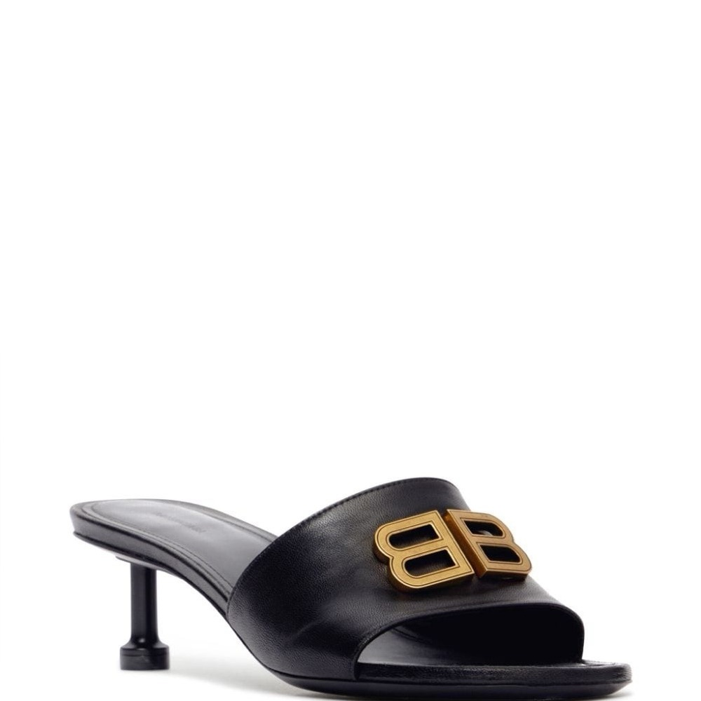 Balenciaga Black Mules with Gold Accent